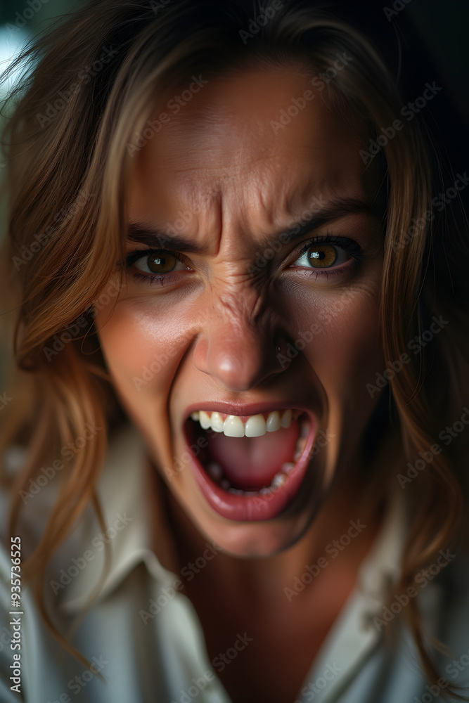 Woman with intense and angry expression, showing frustration and rage, close-up portrait Woman with intense and angry expression, showing frustration and rage, close-up portrait