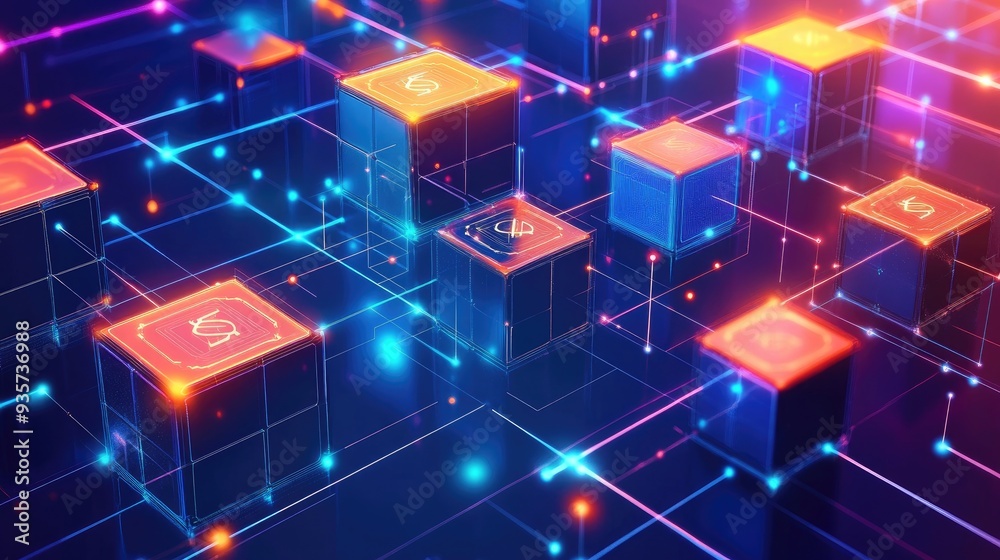 Abstract glowing cubes with neon lights and connected by lines.