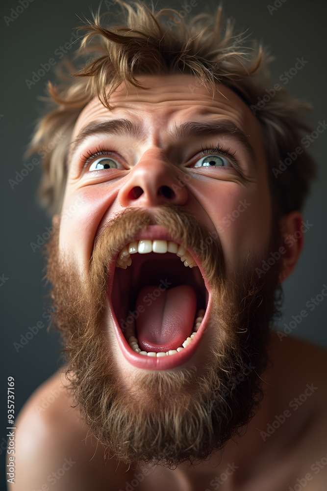 Bearded man with wide eyes and open mouth expressing surprise or shock, intense close-up Bearded man with wide eyes and open mouth expressing surprise or shock, intense close-up