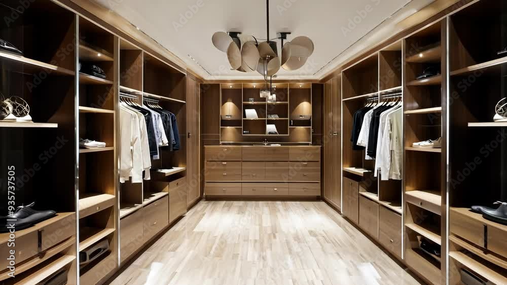 A stylish walk-in closet, capturing the seamless integration of mirrors and built-in cabinetry.