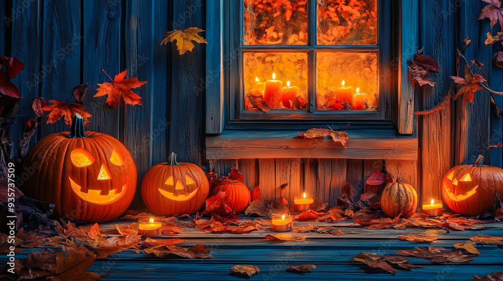 Obraz premium Festive Jack-o'-Lanterns with Candles and Autumn Leaves by Window