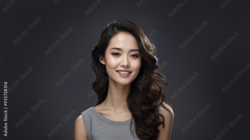 Radiant young Chinese woman with flawless skin and natural beauty. Brunette with neat hair, gazing confidently at camera. Studio shot, perfect for beauty and cosmetic campaigns