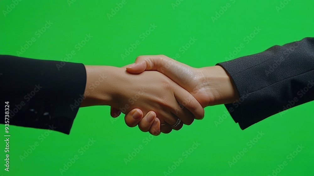 A detailed view of a female professional's handshake, set against a bright green screen background. A detailed view of a female professional's handshake, set against a bright green screen background.
