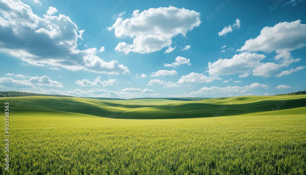 Green rolling hills stretching under blue sky with white clouds Green rolling hills stretching under blue sky with white clouds