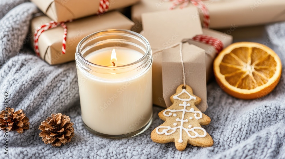 Fototapeta premium An elegant glass jar candle shines brightly surrounded by festive decorations, gifts, dried orange slices, and gingerbread snowflakes, creating a warm, cozy atmosphere