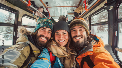 Happy friends taking a selfie inside bus during winter time - Ski weekend in the mountain or winter sport holidays concept - Models by AI generative