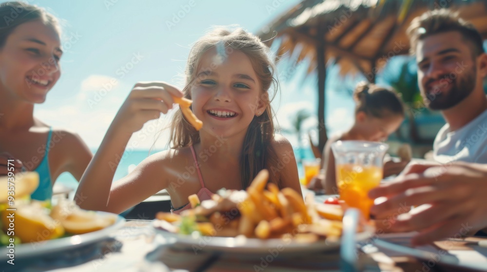 A joyful young girl enjoying fries from her plate during a meal with family at a resort on vacation. A joyful young girl enjoying fries from her plate during a meal with family at a resort on vacation.
