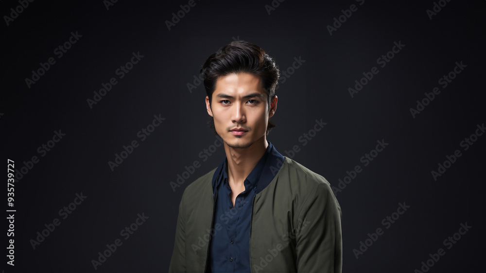 Confident and charismatic Japanese man with a warm smile and natural beauty. Brunette hair and flawless skin complement his captivating gaze