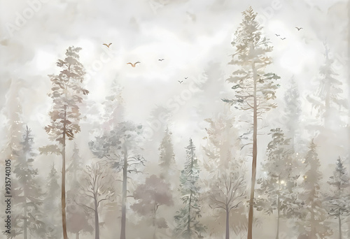 Abstract Watercolor Forest Landscape. Watercolor Wallpaper with Forest Landscape. Watercolor Forest Landscape in Sepia photo