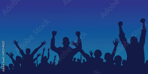 Crowd of people silhouette vector. Dark background. Party, concert, music festival, dance, fun, disco, concert, sports. Cheerful youth.Cheer audience.