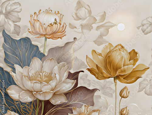3D Wallpaper lotus flowers on a beige background. Illustration of a blooming beige Lotus flowers with leaves on a background. Lotus flowers with leaves  3d wallpaper design