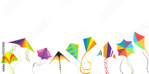 Sankranti festival banner with colored flying kites, festival kite colorful background, banner celebration, design greeting creative, flying traditional template, vector illustration