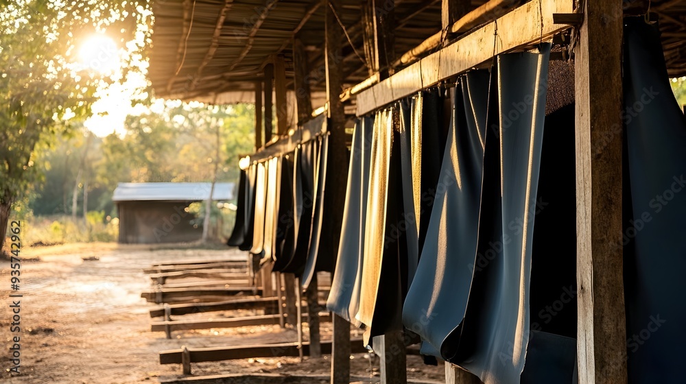 Rubber sheets hanging on wooden frames in a drying area with sunlight filtering through the space creating a minimalist industrial inspired scene with a natural earthy aesthetic Rubber sheets hanging on wooden frames in a drying area with sunlight filtering through the space creating a minimalist industrial inspired scene with a natural earthy aesthetic