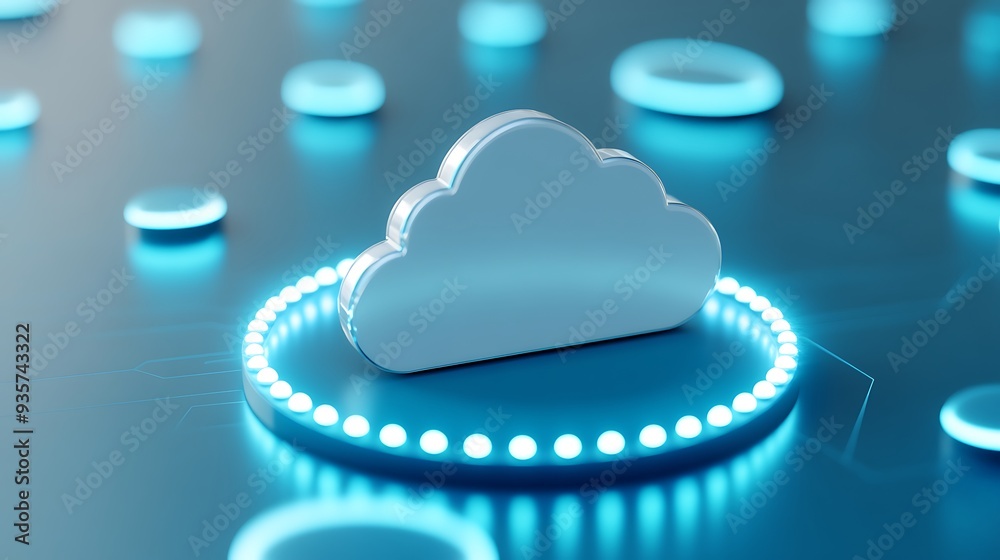 3D cloud icon surrounded by a blue digital ring, representing cloud computing, data storage, and technology. Futuristic tech concept. 3D cloud icon surrounded by a blue digital ring, representing cloud computing, data storage, and technology. Futuristic tech concept.