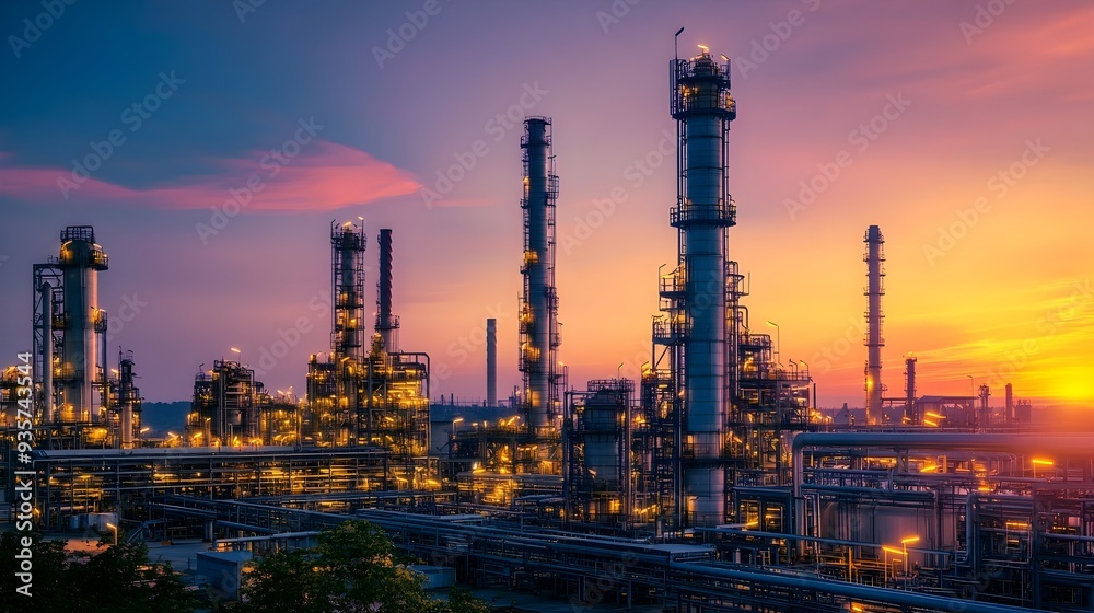 Towering Petrochemical Refinery Silhouetted at Sunrise A large industrial plant with distillation columns and pipelines illuminated by the warm light of dawn Towering Petrochemical Refinery Silhouetted at Sunrise A large industrial plant with distillation columns and pipelines illuminated by the warm light of dawn