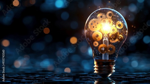 A radiant light bulb featuring its glass section partially swapped out for exposed gears and cogs, illustrating the fusion of creativity and mechanical design. photo