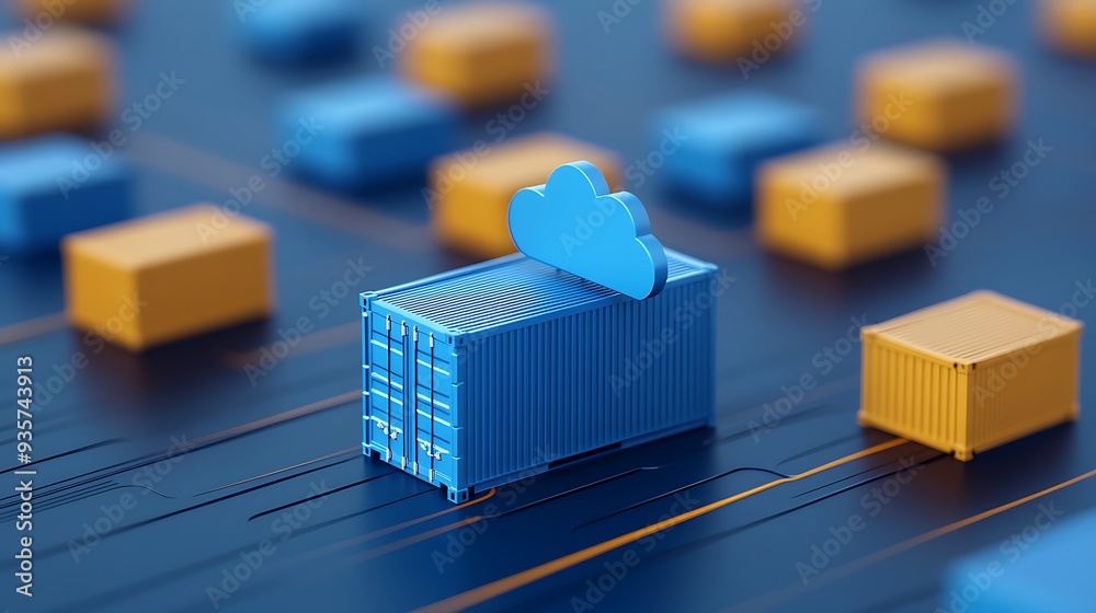 3D illustration of a cloud computing and container technology concept, featuring colorful containers aligned on a digital surface.