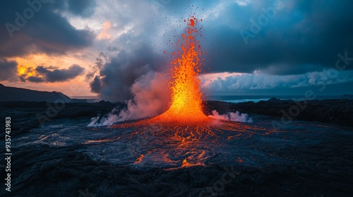 Breathtaking volcanic eruption during twilight with bright molten lava spewing out under a dramatic, colorful sky, creating an awe-inspiring natural phenomenon. photo