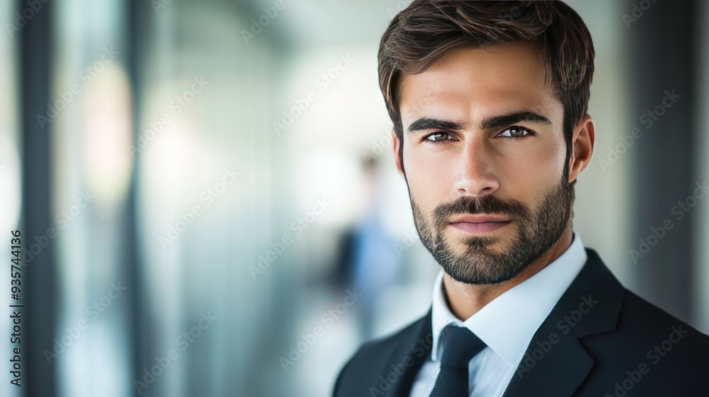 Close-up portrait of a handsome businessman with a serious expression, wearing a black suit and tie. Close-up portrait of a handsome businessman with a serious expression, wearing a black suit and tie.