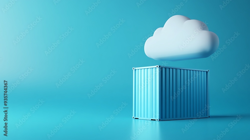 3D illustration of a cloud hovering above a shipping container on a blue background, symbolizing cloud computing and logistics. 3D illustration of a cloud hovering above a shipping container on a blue background, symbolizing cloud computing and logistics.