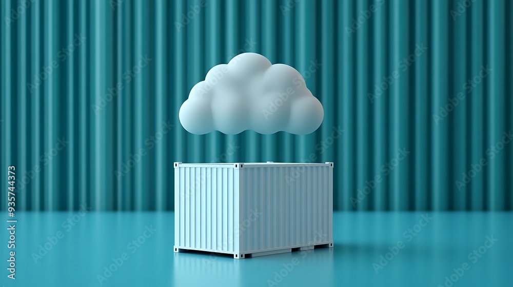 3D illustration of a cloud hovering above a shipping container on a turquoise background, symbolizing cloud storage and data security. 3D illustration of a cloud hovering above a shipping container on a turquoise background, symbolizing cloud storage and data security.
