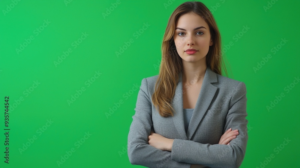 A photorealistic female presenter, exuding charm in a stylish grey suit, stands poised against a vibrant green screen backdrop, creating a cinematic atmosphere. A photorealistic female presenter, exuding charm in a stylish grey suit, stands poised against a vibrant green screen backdrop, creating a cinematic atmosphere.