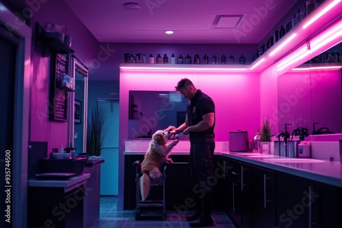 A man working in a futuristic pink-lit room, attending to a dog that's seated on a table, blending elements of advanced technology with everyday pet care. photo