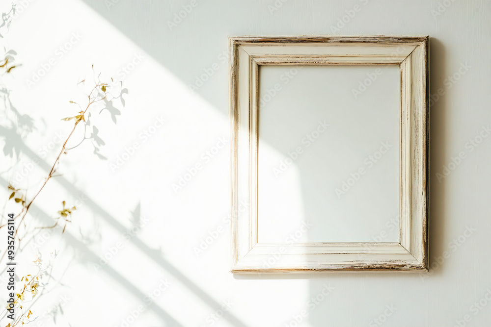 © VetalStock - empty white wooden photo frame hanging on white wall