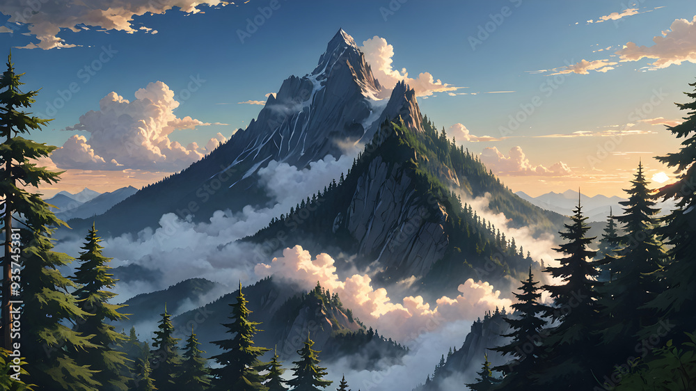 Anime-style landscape with towering forest peaks piercing through a sea of ​​clouds. The peak is rugged and covered with dense trees. It increases feelings of freedom and solitude.