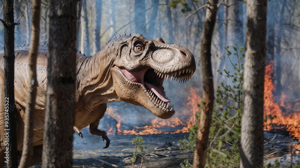 Fototapeta premium Tyrannosaurus rex with forest fires background, T-rex