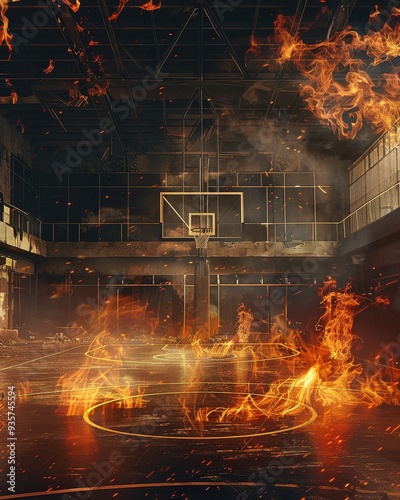 Obraz na płótnie a basketball court with a hoop, but the court is on fire. w salonie