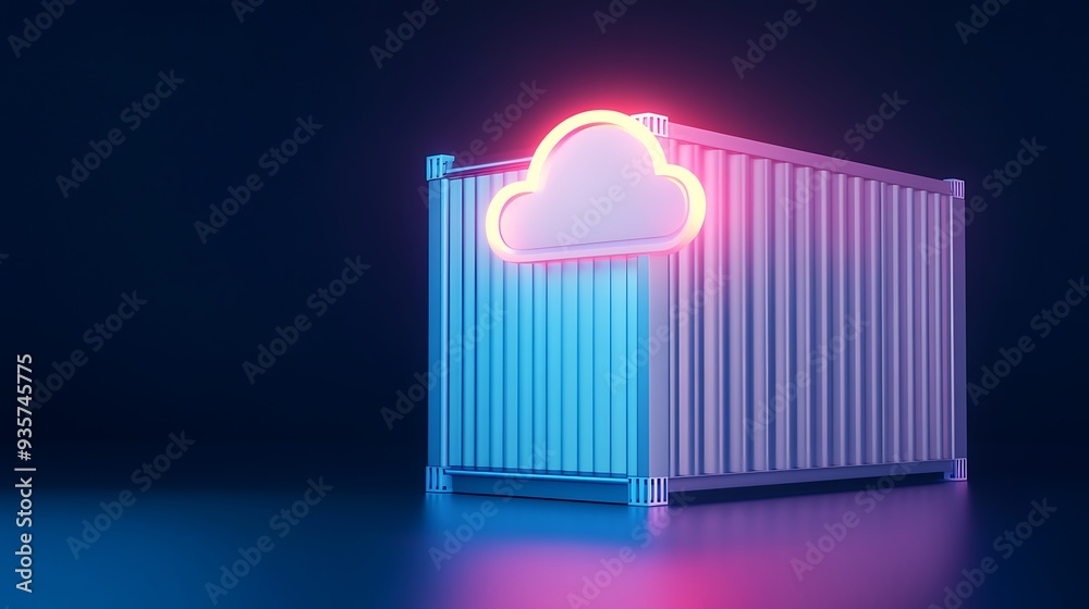 3D illustration of a shipping container with a neon cloud symbol, representing cloud storage and technology. Dark background with vibrant colors. 3D illustration of a shipping container with a neon cloud symbol, representing cloud storage and technology. Dark background with vibrant colors.