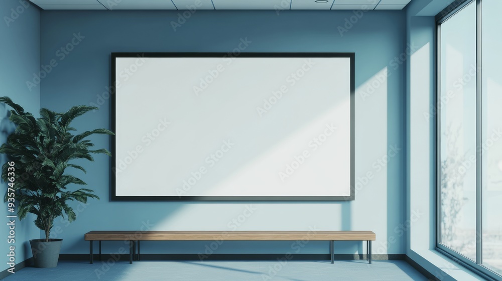 This is a mockup of a modern office waiting room with an empty poster hanging on the wall. This is a mockup of a modern office waiting room with an empty poster hanging on the wall.