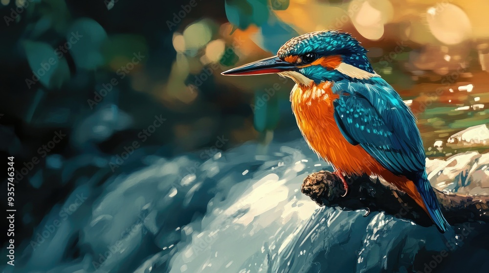 A colorful kingfisher bird perched on a branch above a flowing river, its sharp eyes scanning the water. A colorful kingfisher bird perched on a branch above a flowing river, its sharp eyes scanning the water.