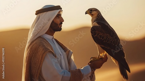 Draped in traditional Middle Eastern clothing, a man stands in the desert, holding a falcon on his arm. They share a silent moment against the backdrop of a warm sunset. photo