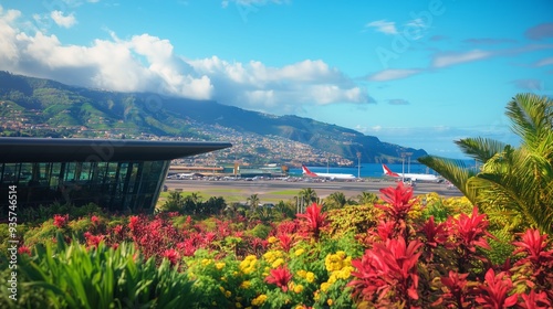 Funchal Airport features modern design, stunning views, and a golden sunset over lush mountains and the ocean. photo