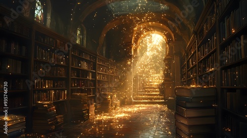 A Magical Library with Golden Sparklers and a Stairway photo