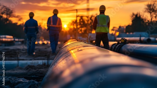Three men in safety gear are standing next to a long pipe. The sun is setting in the background, casting a warm glow on the scene. The men are likely workers on a construction site