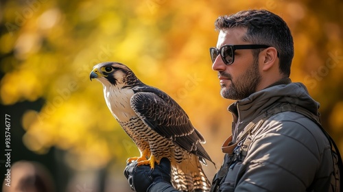 A falcon is handled by a person dressed warmly, with the background of autumn foliage. The scene shows a harmonious interaction between human and bird.