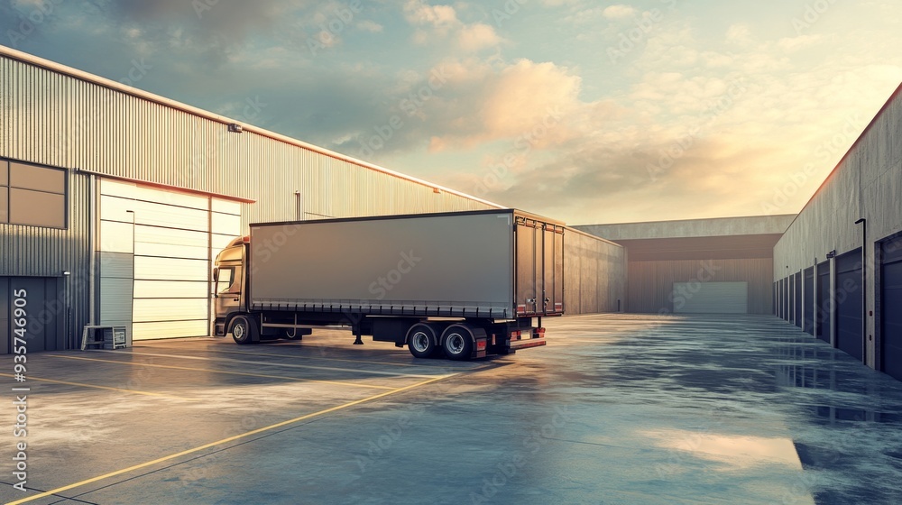 Several trucks are parked in the loading dock area of an industrial warehouse. Several trucks are parked in the loading dock area of an industrial warehouse.