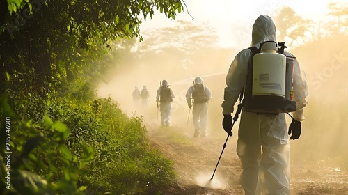 An outdoor scene depicting workers spraying insecticide to control mosquito populations with a space for safety or instructional text overlay