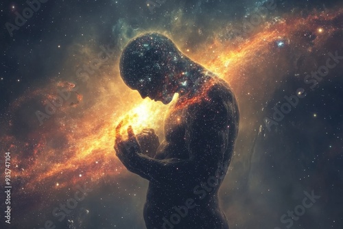 A silhouetted figure filled with glowing galactic elements stands in a pensive pose, symbolizing the profound connection between human beings and the cosmos.