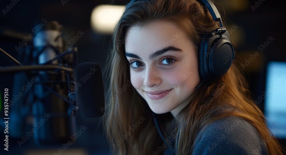 Laughing girl with headphones and microphone in the kitchen. Laughing girl with headphones and microphone in the kitchen.