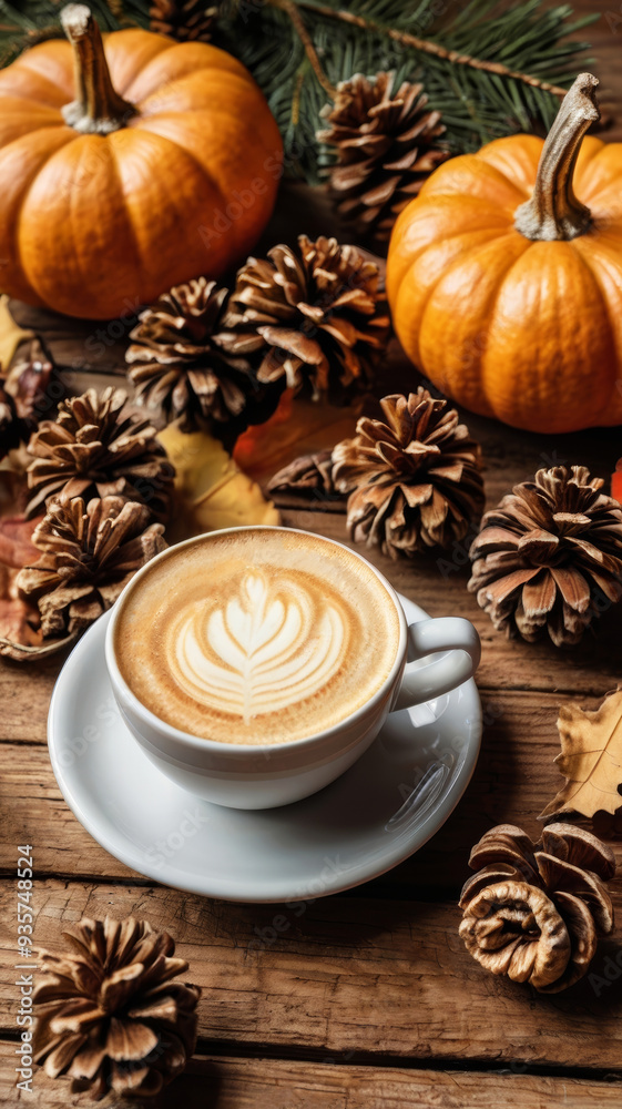 Coffee cup with latte art on wooden surface with pumpkins and pine cones. Cozy autumn atmosphere in hygge style Coffee cup with latte art on wooden surface with pumpkins and pine cones. Cozy autumn atmosphere in hygge style