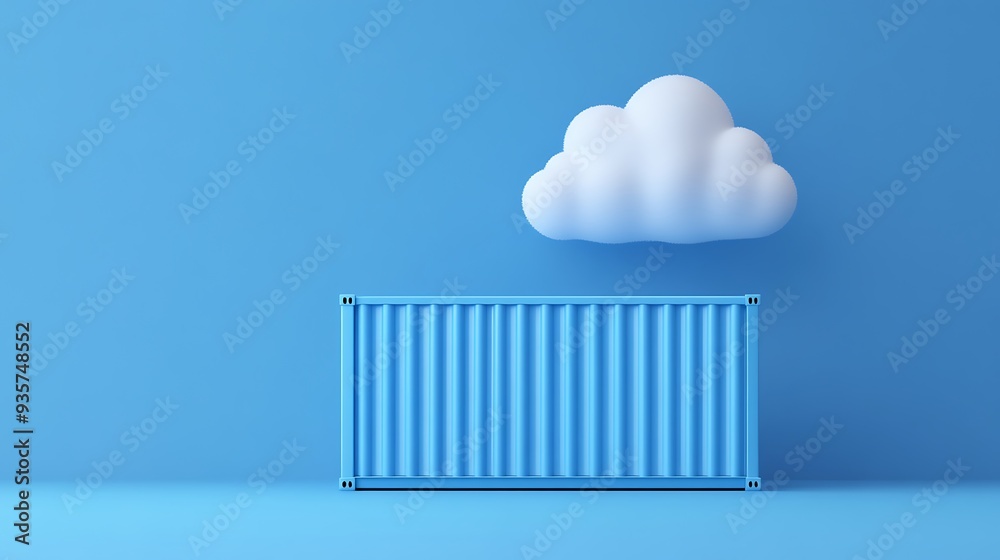 3D rendering of a blue shipping container with a fluffy white cloud above it, set against a blue background. Minimalist and modern concept.
