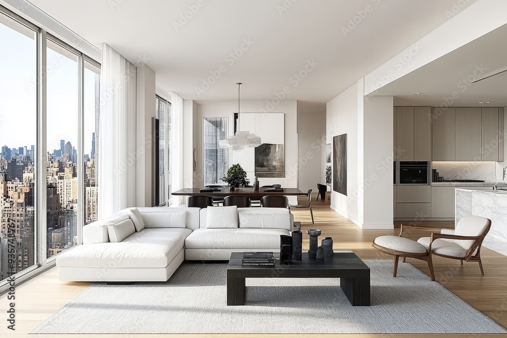 Fototapeta premium Interior of a modern home's living room with a sitting area, dining area, and window