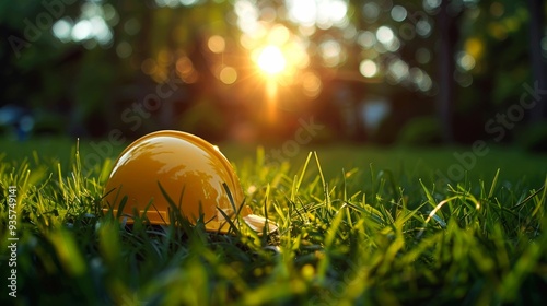 Yellow Hard Hat in Lush Grass with Sunlit Bokeh