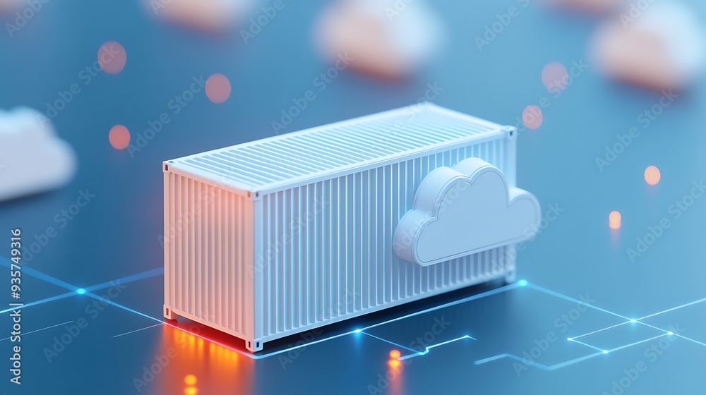 3D rendering of a white cloud and cargo container on a blue digital background, symbolizing modern cloud computing and data storage technology.