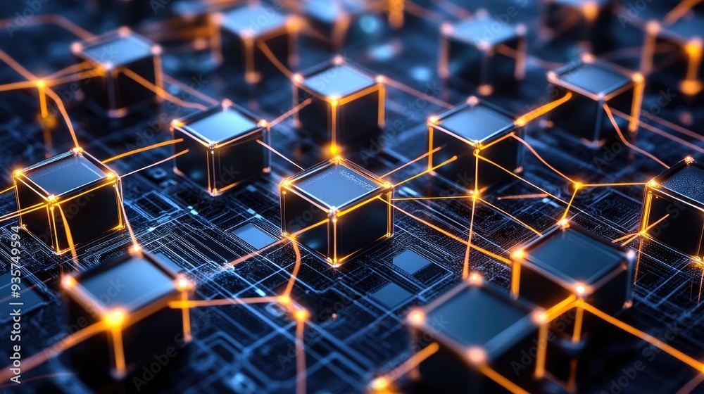 Obraz premium Close-up of glowing cubes connected by lines on a circuit board.