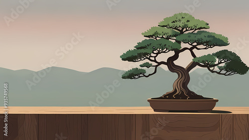 A minimalist flat vector background featuring a serene bonsai tree on a wooden stand with soft pastel colors